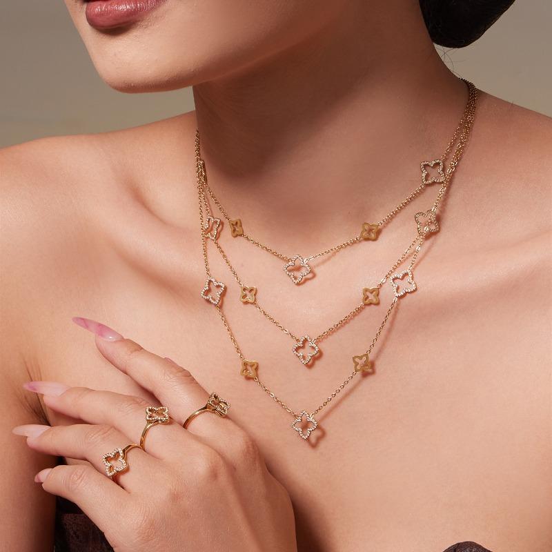 3PCS Stainless Steel Hollow Clover Zircon Earrings Ring Necklace Simple Light Luxury Jewelry Set