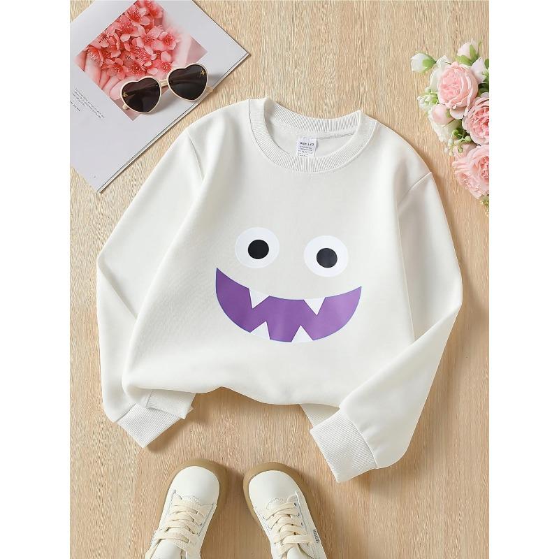 Kids Crewneck Sweatshirt, Blue Big‑Eyes Face Print,Casual Sportswear for Spring & Autumn