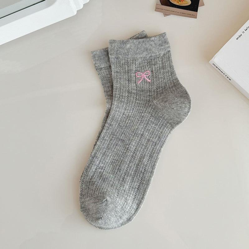 

Летние тонкие хлопковые носки до середины икры, короткие носки с бантом до икры, дышащие, в балетном стиле, ажурные короткие носки для женщин, противоскользящие 1 pair серый