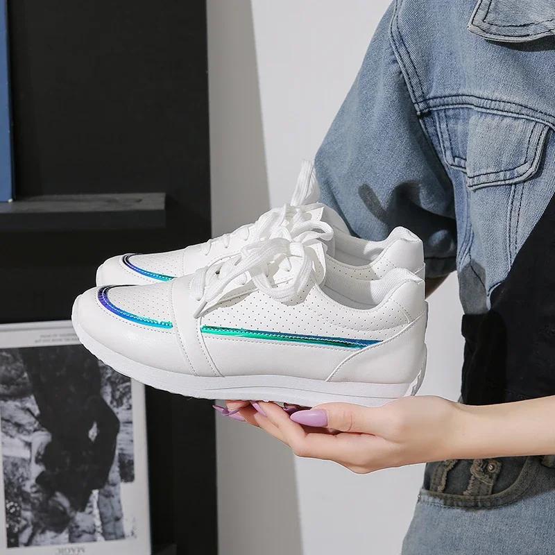 Women Sneakers Fashion Breathble Vulcanized Shoes Pu Leather Platform Shoes White Lace Up Casual Shoes