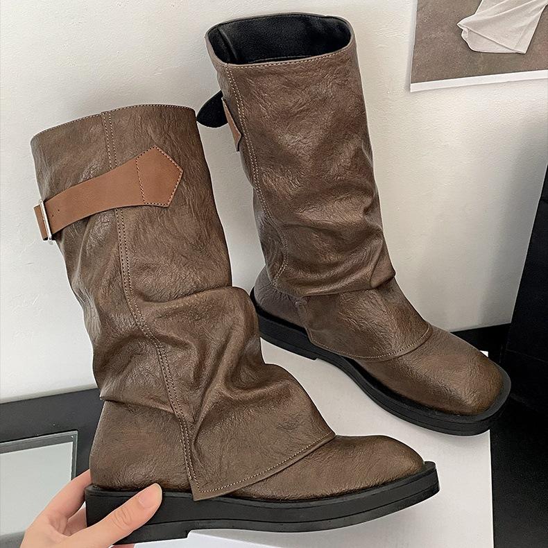 

[Fanfna] 2025 autumn new pleated thin platform boots women s Maillard retro old western medium boots 40 хаки