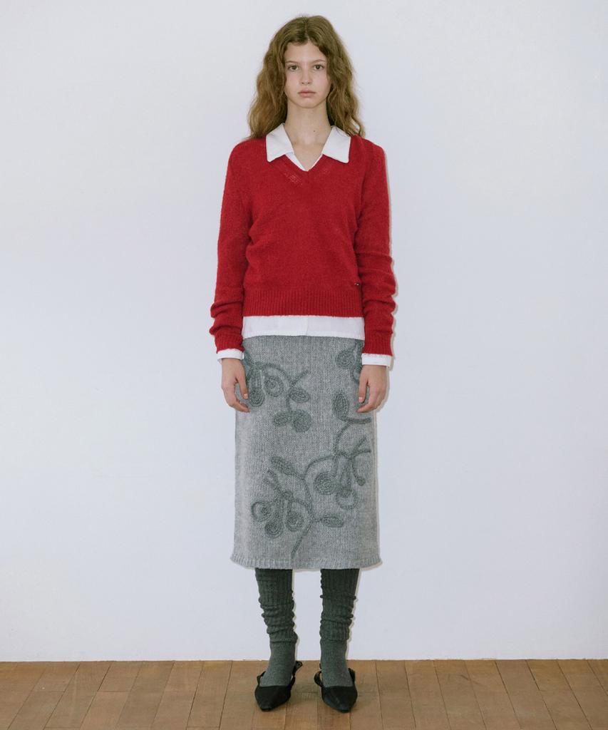 SINOON Hairy Boucle V-Neck Knit (Red)