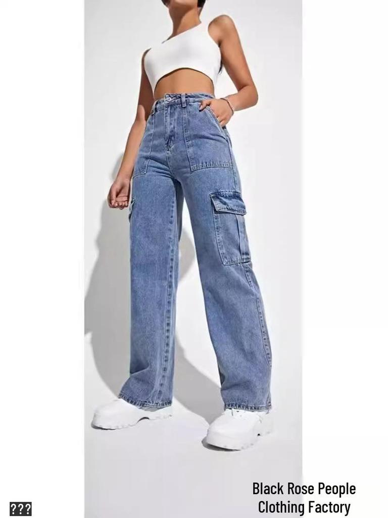 High-Waisted Multi-Pocket Wide Leg Denim Cargo Pants - 2025 Trendy Style