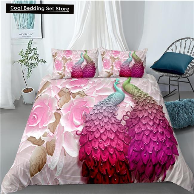 Pfau Bettbezug King Queen Größe Kolibri Libelle Bettwäscheset Blumen Vögel Bettdeckenbezug Floral Tiere Bettdeckenbezug