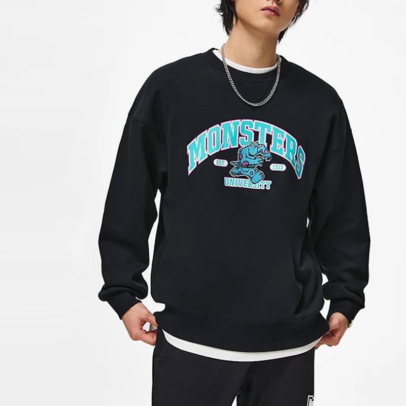 Li-Ning Disney Collaboration Series Cartoon Letter Print Fleece Warm Loose Pullover Sweatshirt Unisex Sweatshirt Black AWDT813-1