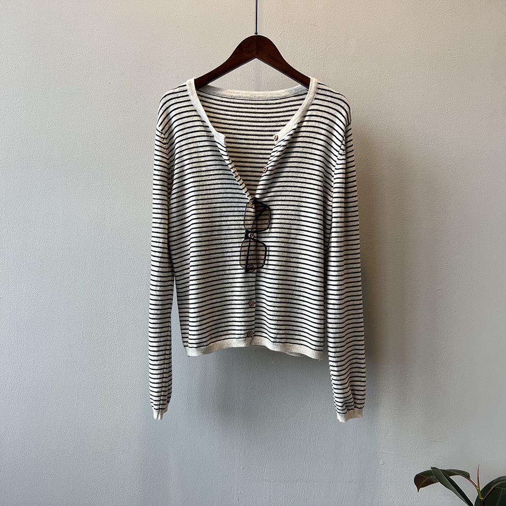 

Женский весенний вязаный кардиган-свитер Yanshuang в контрастную полоску - круглый вырез, универсальный One Size