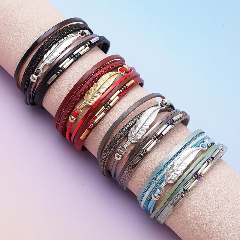Bohemian Style Multi-layer PU Leather Bracelet Women's Leaf Magnet Buckle Jewelry Accessories