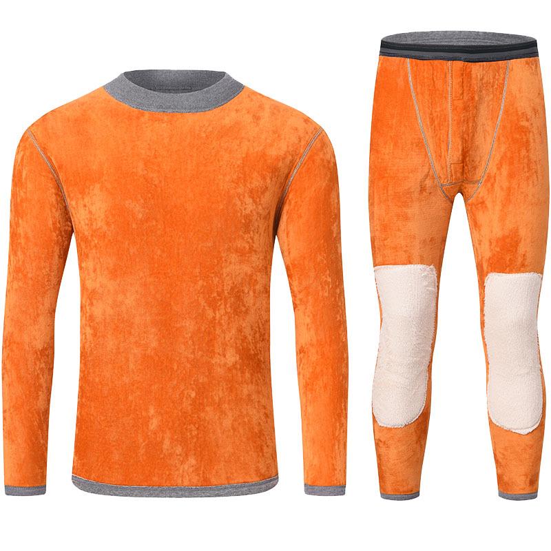 Men's and Women's Plus Velvet Thick Thermal Underwear Suit for Middle-aged and Elderly - Solid Color Winter Set