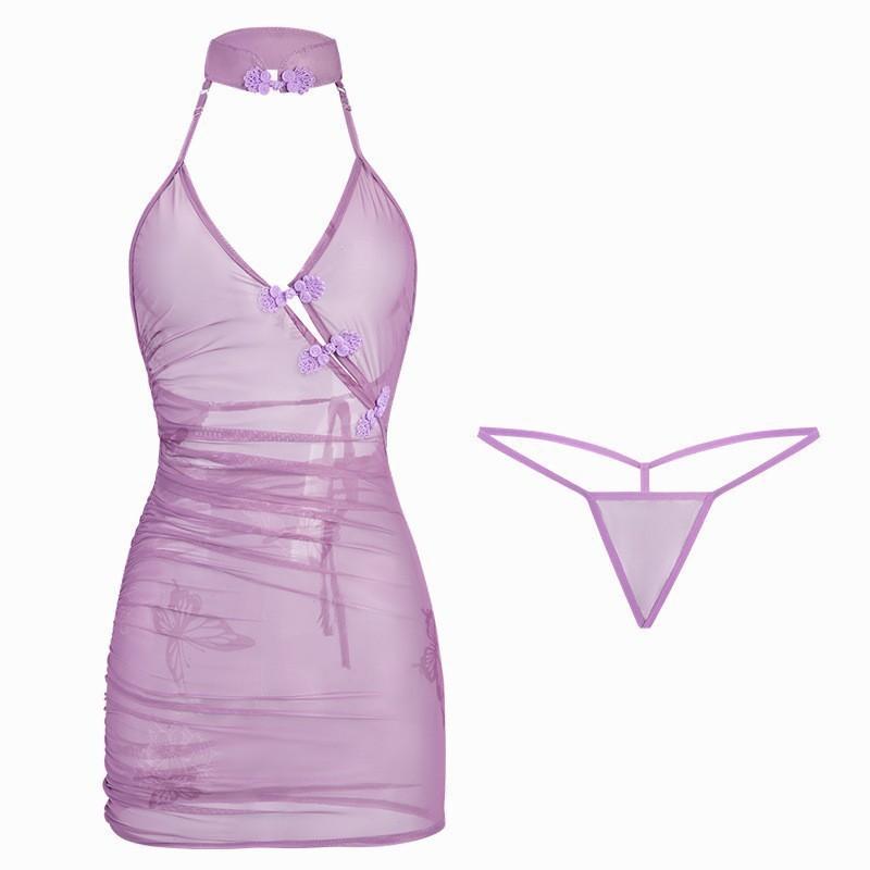 Crispy sexy antique perspective cheongsam hip skirt uniform pure lust loungewear lace suspender nightdress