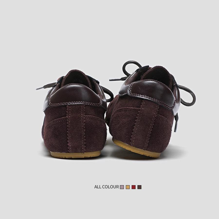 Leather red German training shoes women's 2025 spring new flat bottom soft sole thin square head running casual Forrest Gump shoes