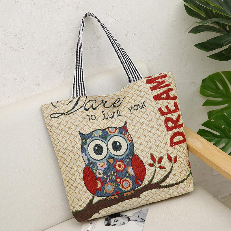 Female Jacquard Cloth Bag Handheld Large Bag Owl Embroidery Large Capacity Folding Shopping Bag Mommy Bag