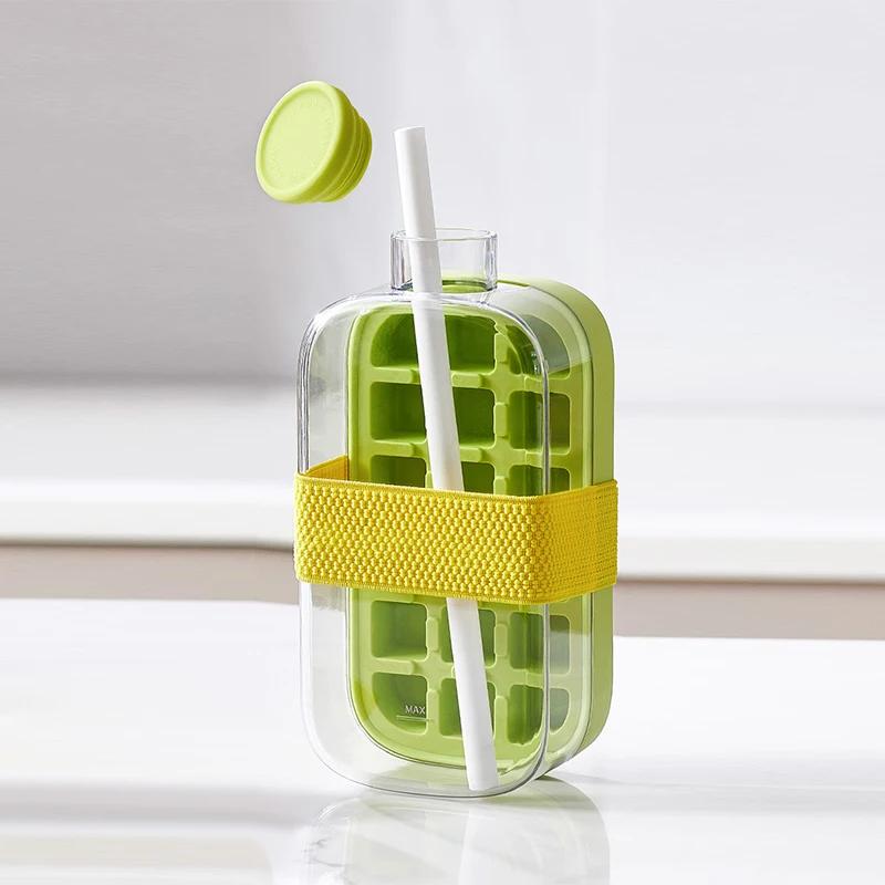 

Бутылка для воды 2-в-1 с трубочкой, силиконовая форма для кубиков льда, пресс-форма для изготовления льда пищевого качества, стакан для ледяных напитков, стакан для фруктового сока для улицы 500ml зелёный