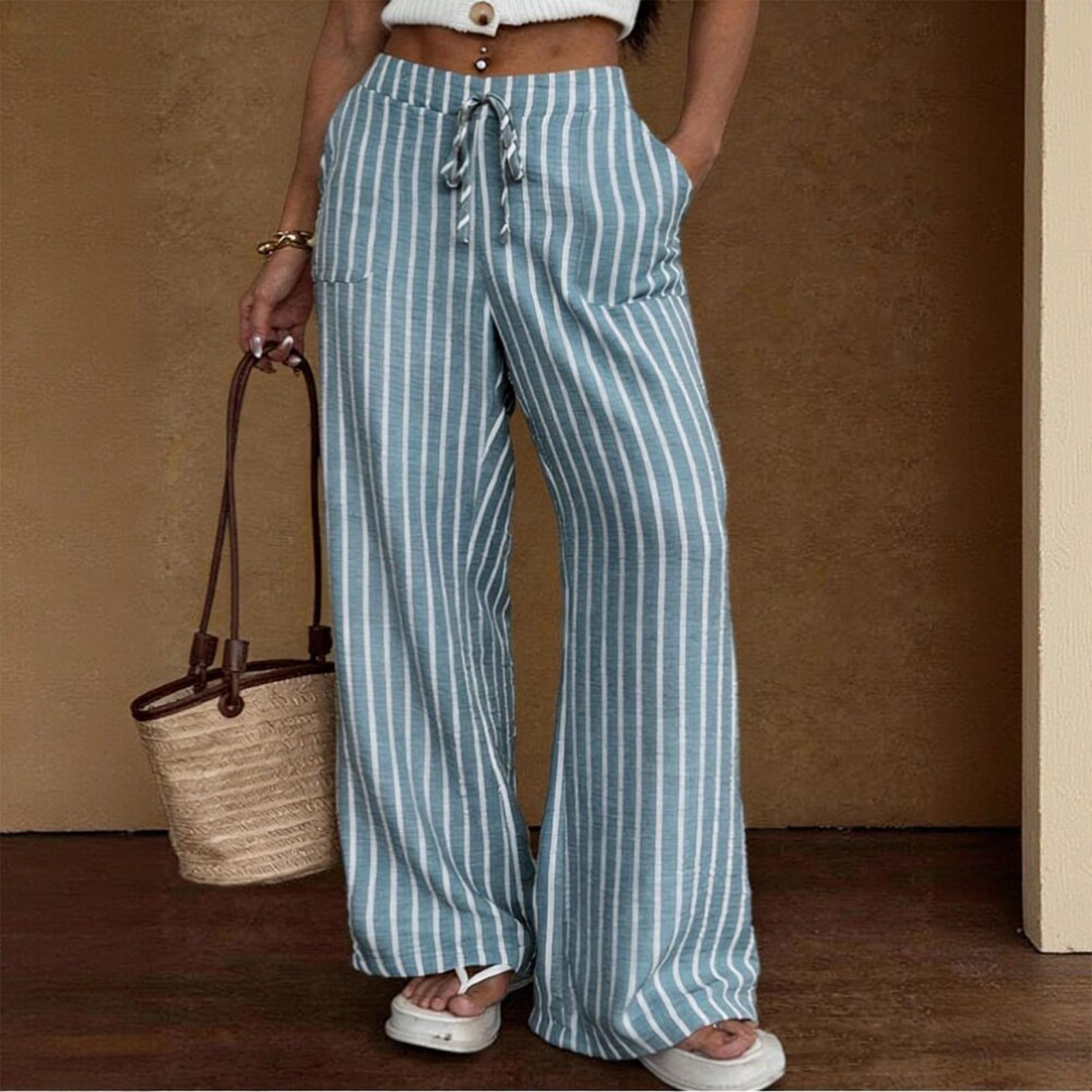 

Women s Loose Fit Wide Leg Drawstring Waist Casual Pants Vertical Stripe Pattern Elastic Waistband Lightweight Comfortable Trousers M синий
