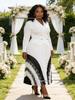 Miyaki Plus Size Long Sleeve Pleated Dress with Bead Embellishment and Print for Women