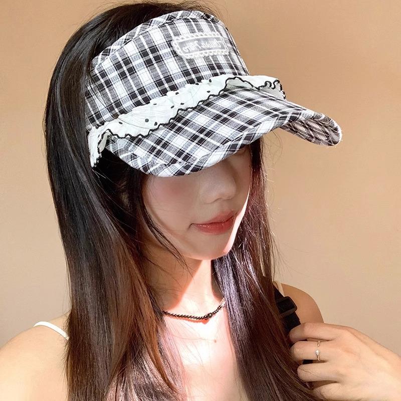 Sweet Lace Plaid Empty Top Hat for Children, Breathable and Versatile In Summer, Small Sunscreen Hat, Sunshade Peaked Cap
