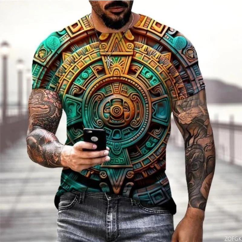 Summer Round Neck Aztec Calendar Graphic 3D Print Top Fashionable Casual Short Sleeved Men's T-shirts