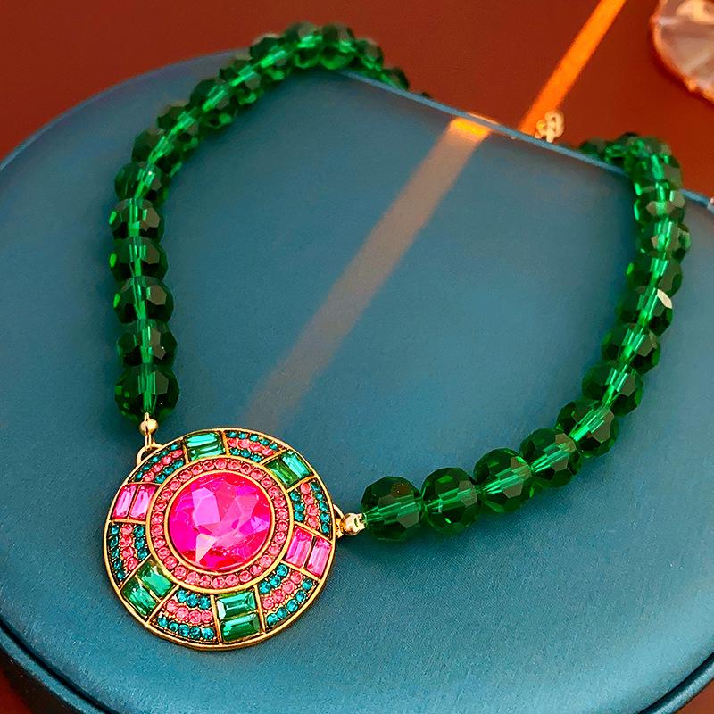 Pre-owned Vintage Retro Diamond-Encrusted Round Necklace & Clavicle Chain Set