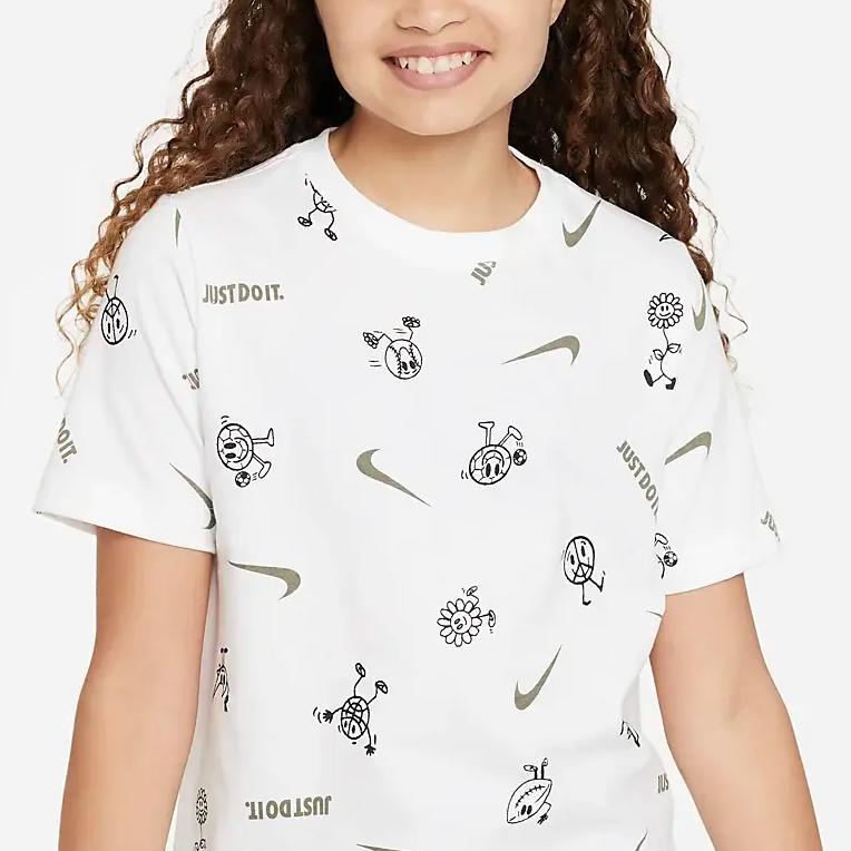Nike Kids Logo Print Round Neck Short Sleeve T-Shirt Kids Tops White FD3968-100