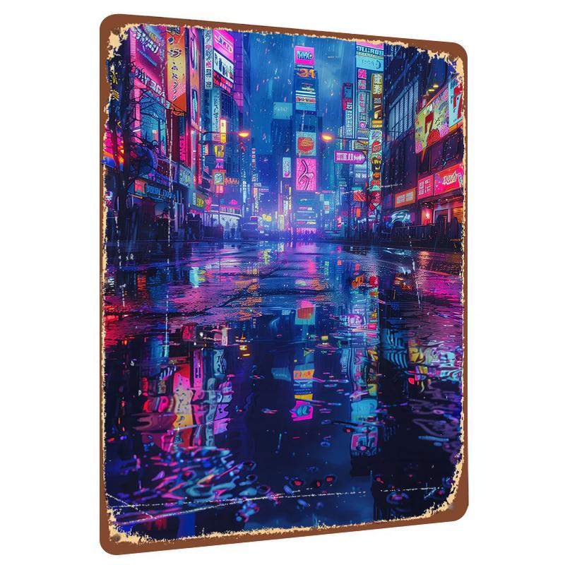 

Neon Rainy Night Cityscape Custom Metal Wall Art Modern Home Decorative Iron Painting 20x30cm（7.8x11.8inch）