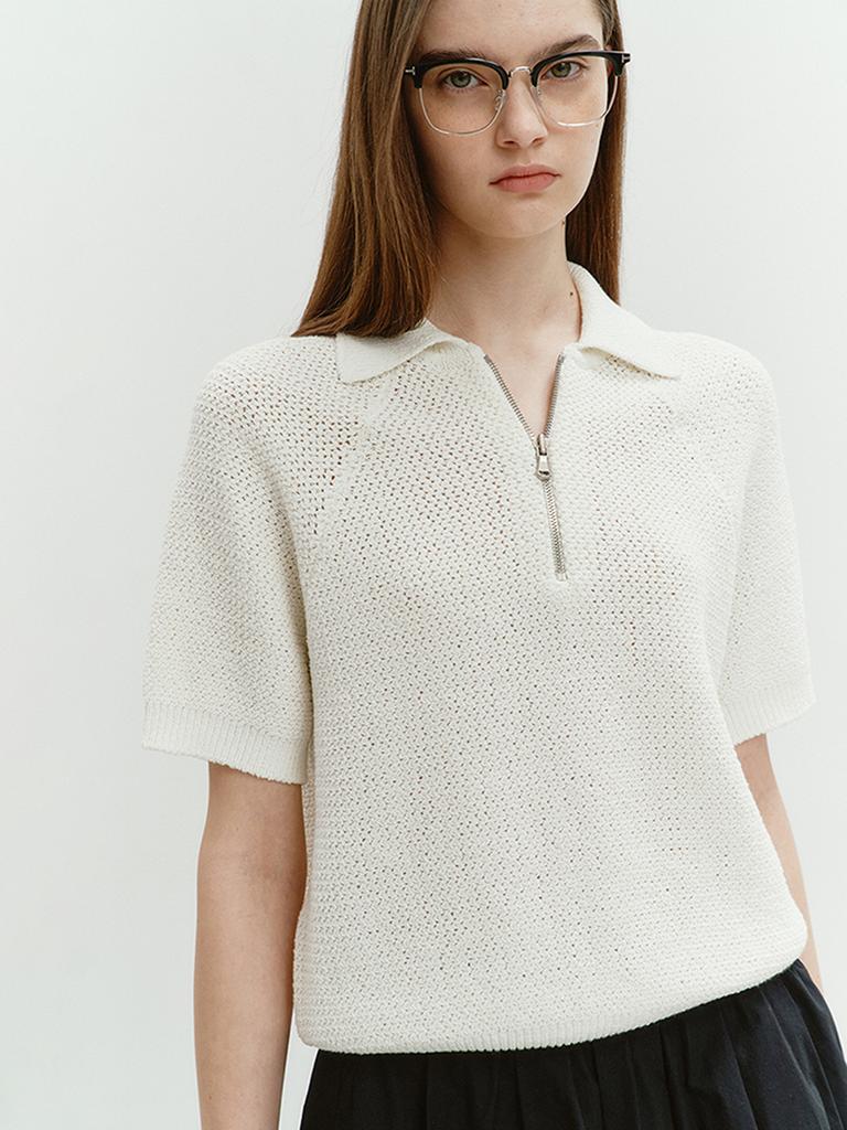 Deonseuteu Collared Half Zip-Up Knit Soft Cream_Udsw4B121Cr