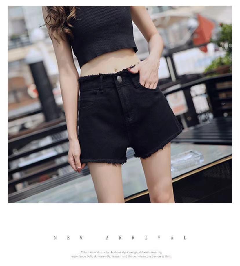 High-Waisted Elastic Denim A-Line Shorts for Women - Summer 2026 Collection, Loose Fit, Frayed Hem, Versatile and Slimming Design.