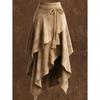 Women's faux suede vintage style irregular ruffle midi skirt with waist tie and tassel decoration