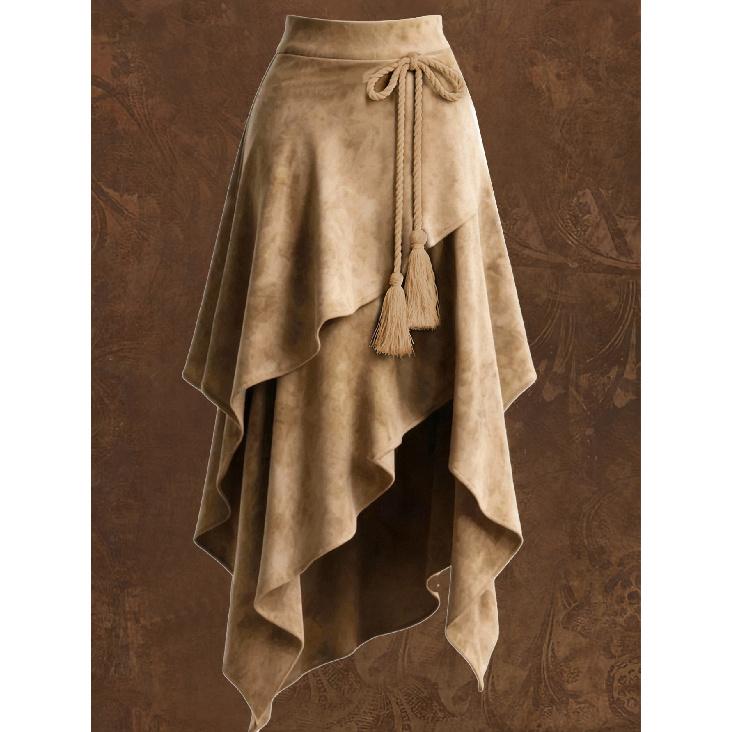 Women's faux suede vintage style irregular ruffle midi skirt with waist tie and tassel decoration
