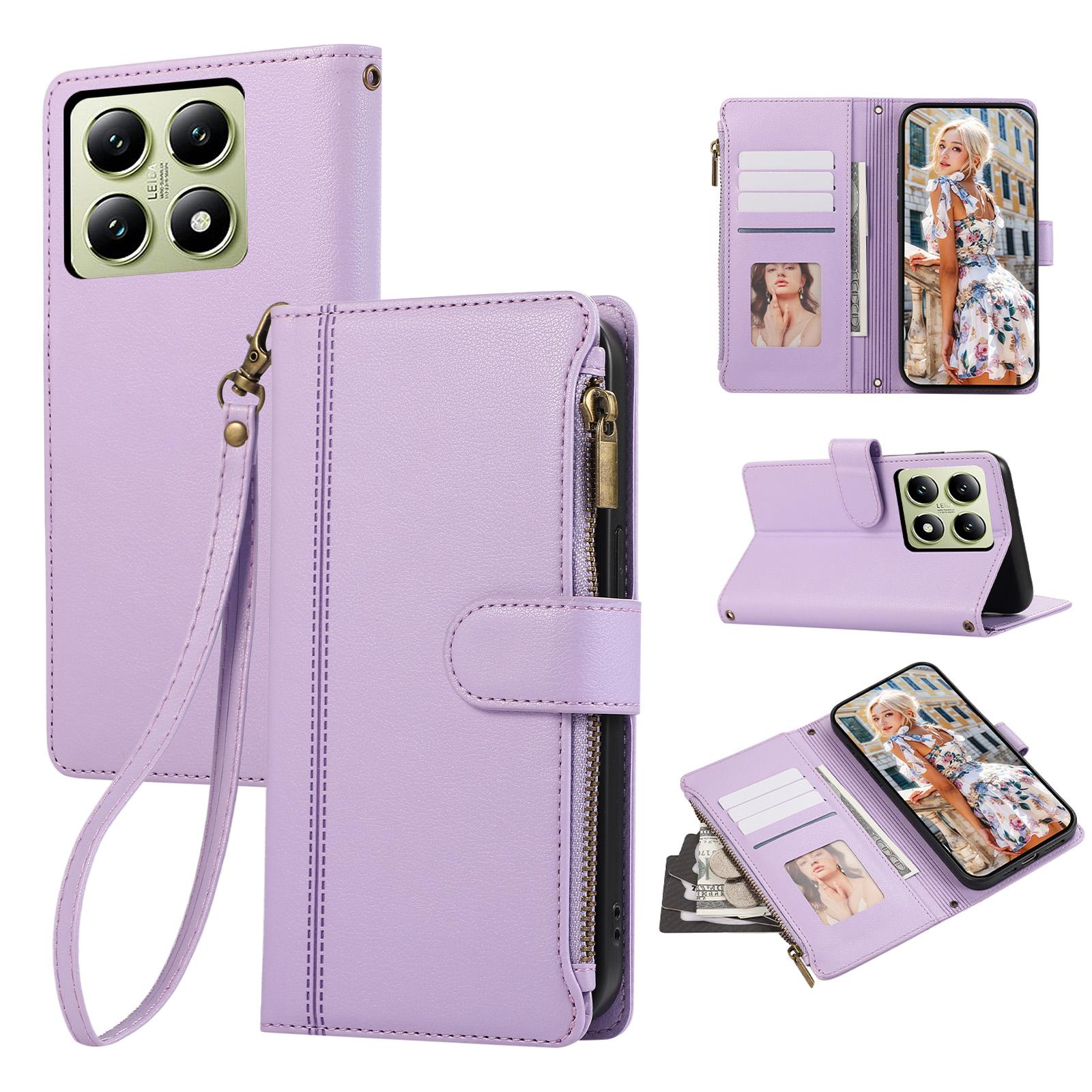 

For Xiaomi 14T Case Multi Card Slots Zipper Leather Phone Cover with Wrist Strap F