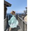 Photo Fairy Light Yellow Plaid Vacation Halter Dress Dopamine Island Vacation Beach Neck Dress