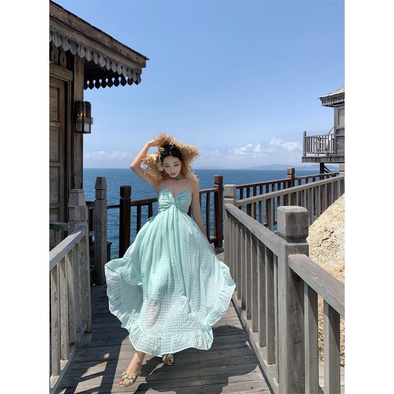Photo Fairy Light Yellow Plaid Vacation Halter Dress Dopamine Island Vacation Beach Neck Dress