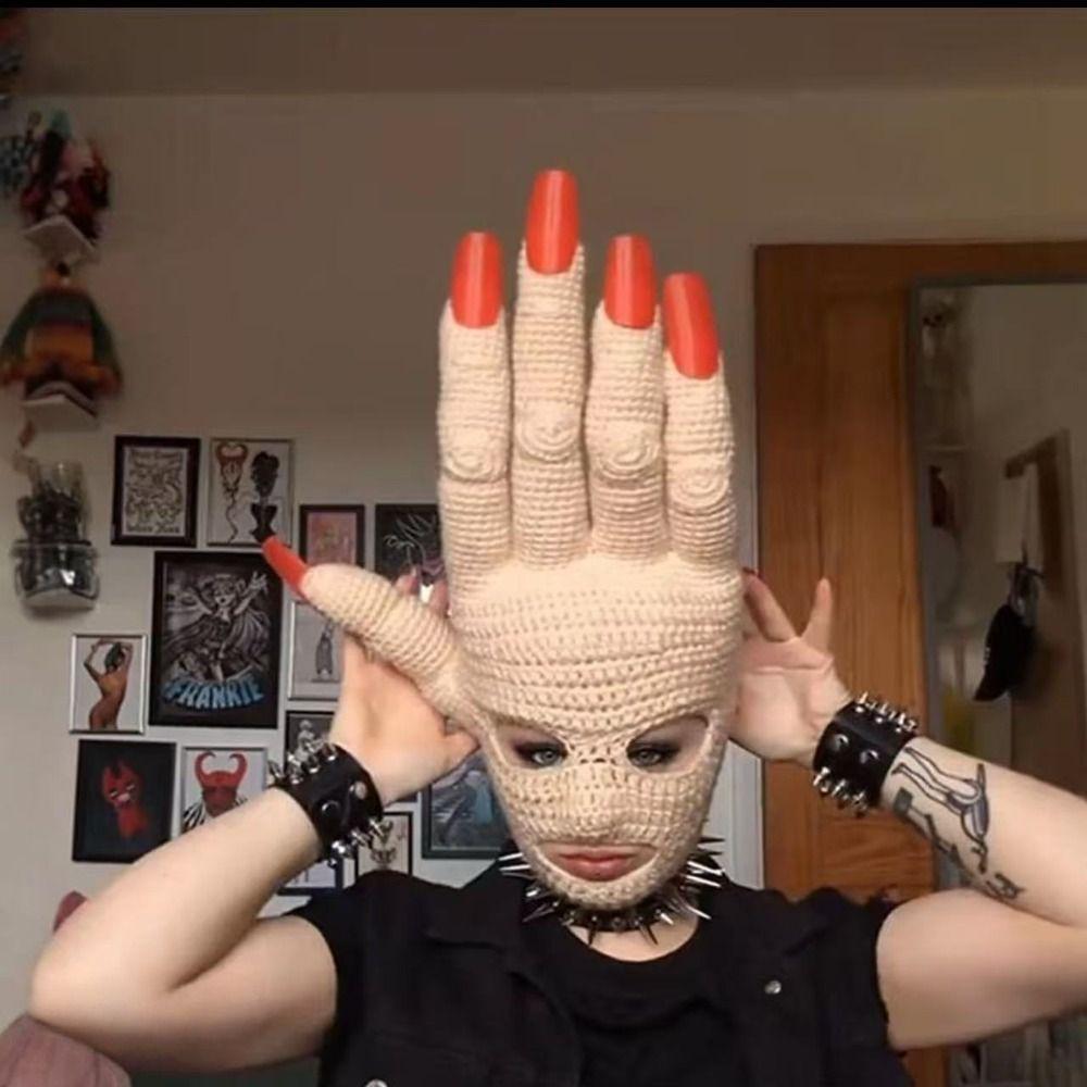 Funny Design Crochet Knit Face Mask Crochet Knit Prank Prop Hat Abstract Palm Knit Head Mask Party