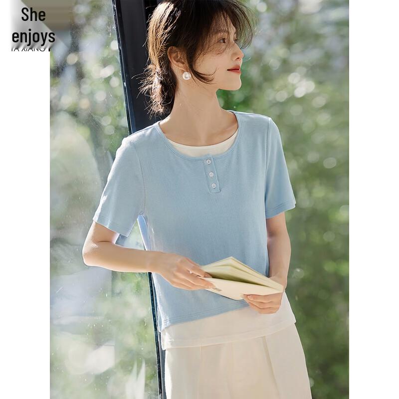 Women s Fake Two-Piece Patchwork Short-Sleeve T-Shirt L