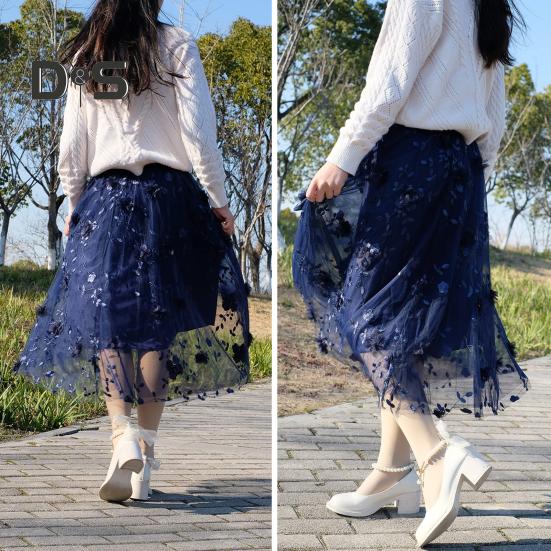 Women Midi Skirt Elastic High Waist Floral Embroidery Print Mesh Skirt Double Layered Tulle Large Hem A-Line Skirt