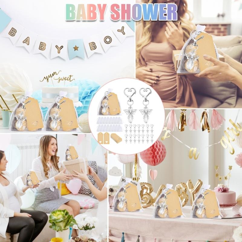 30Pcs Angel Wing Charm Keychain Decorative Key Holder with Drawstring Gauze Bag and Labels for Baby Showers Wedding
