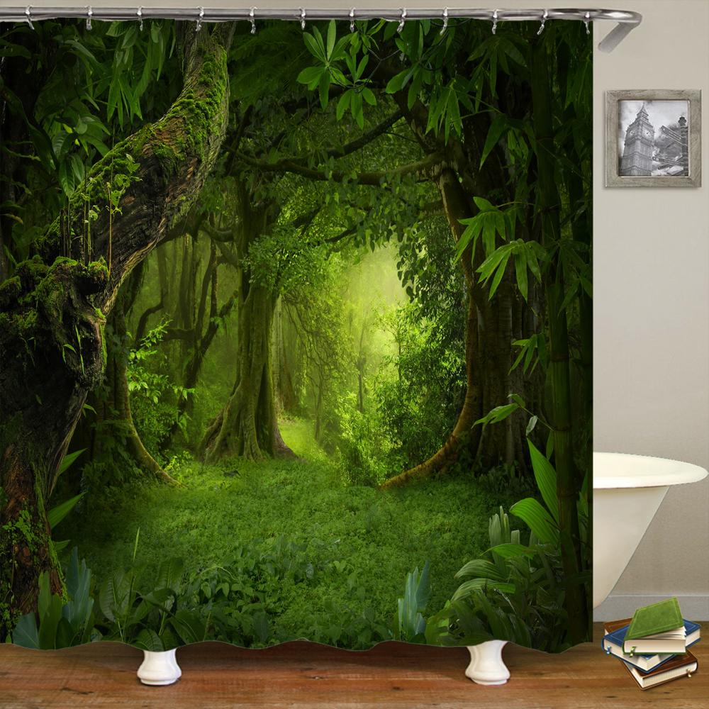 Forest Landscape Shower Curtain Garden 3D Green Plant Tree Natural Scenery Waterproof Polyester Bathroom Curtain Home Decor