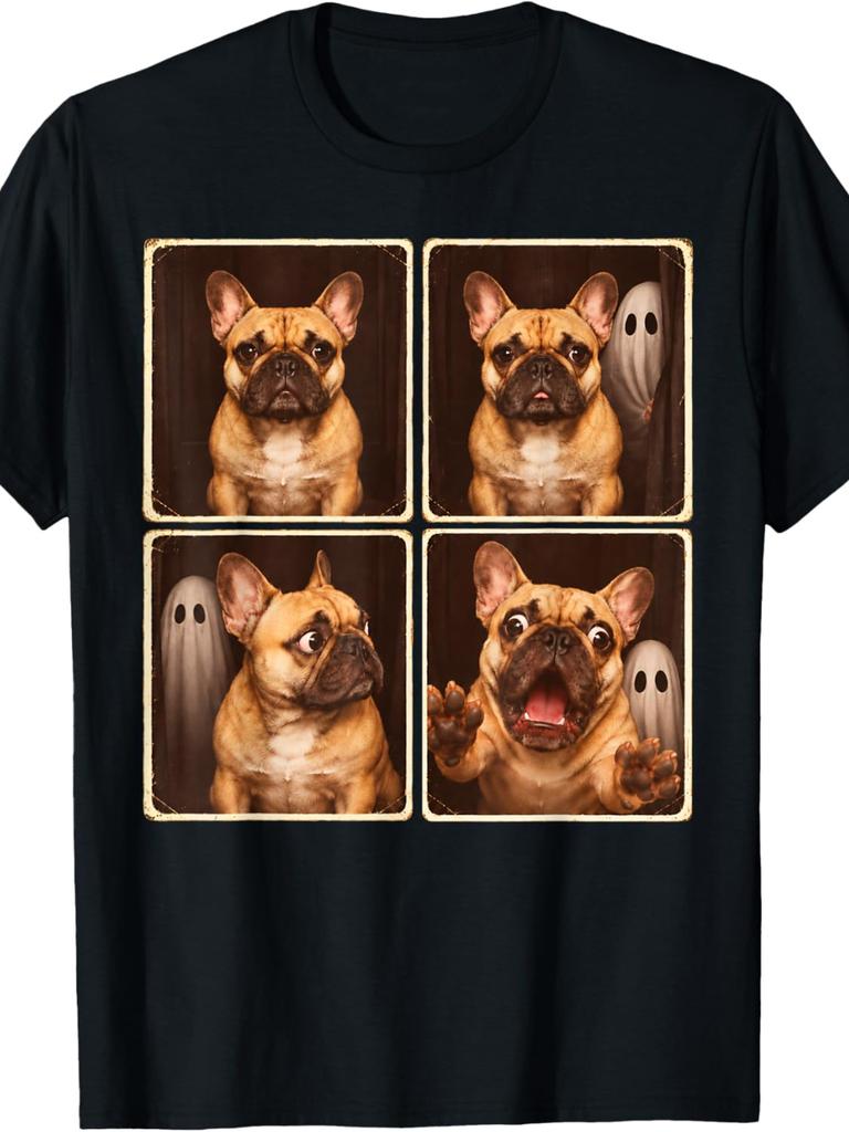 Unisex T-shirt French Bulldog Photo Booth T-Shirt - Suitable for Men & Women, Casual Round Neck Tee with Frenchie G