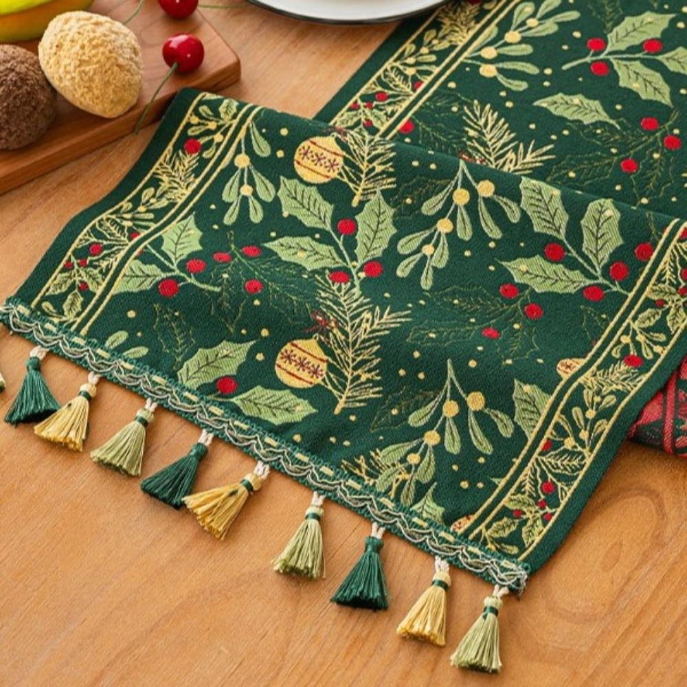 Fringed Pine Leaf Printed Table Flag Gradient Tassel Table Cabinet Cover Cloth Christmas