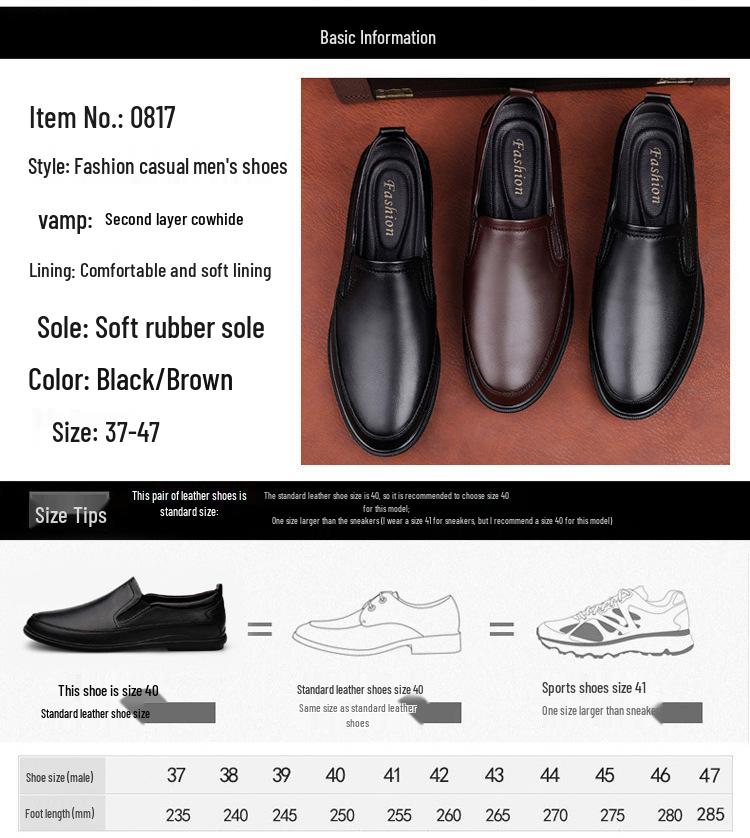 Men's Large Slip-On Leather Casual Shoes – Soft Sole, Breathable Cowhide, Ideal for Driving, Comfortable Dad Style