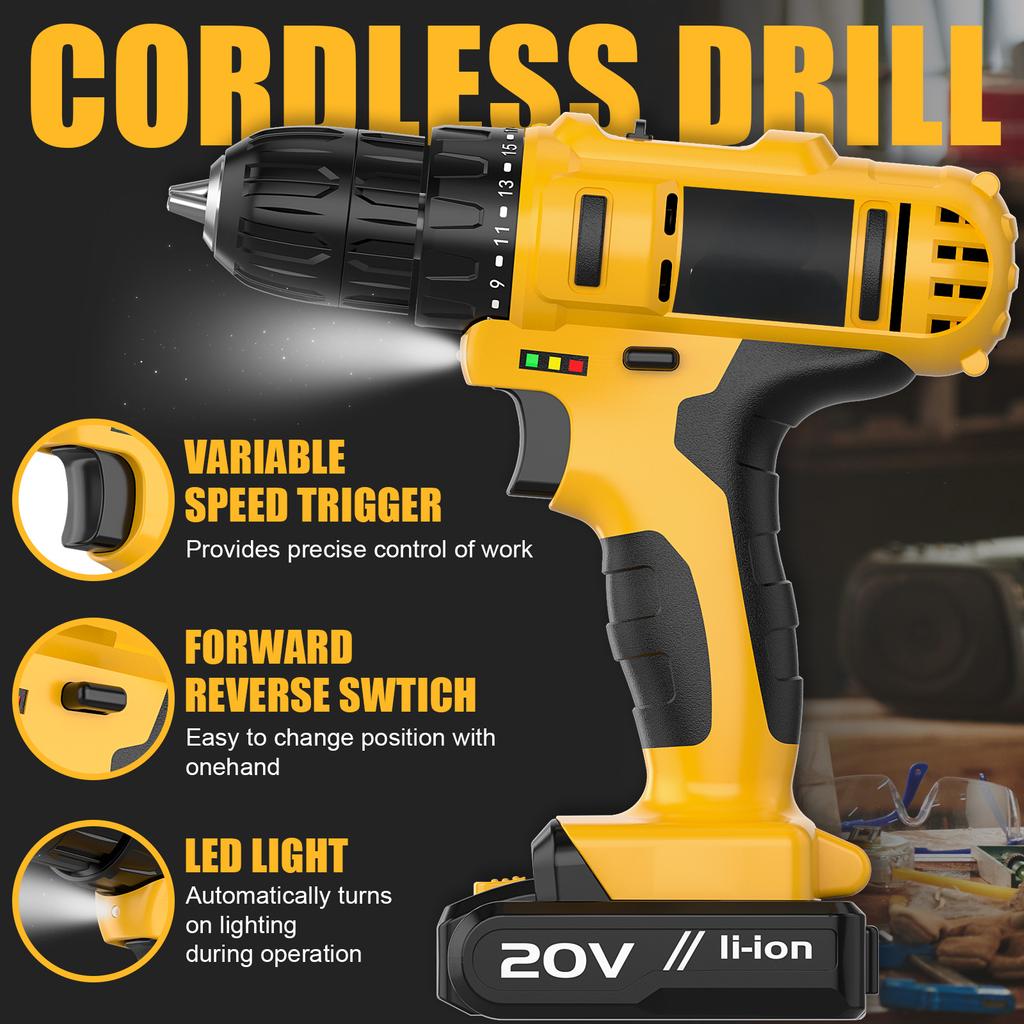 20V Keyless Cordless Drill Set Electric Screwdriver Mini DIY Variable Speed Brushed Motor Battery Power Source EU Warehouse