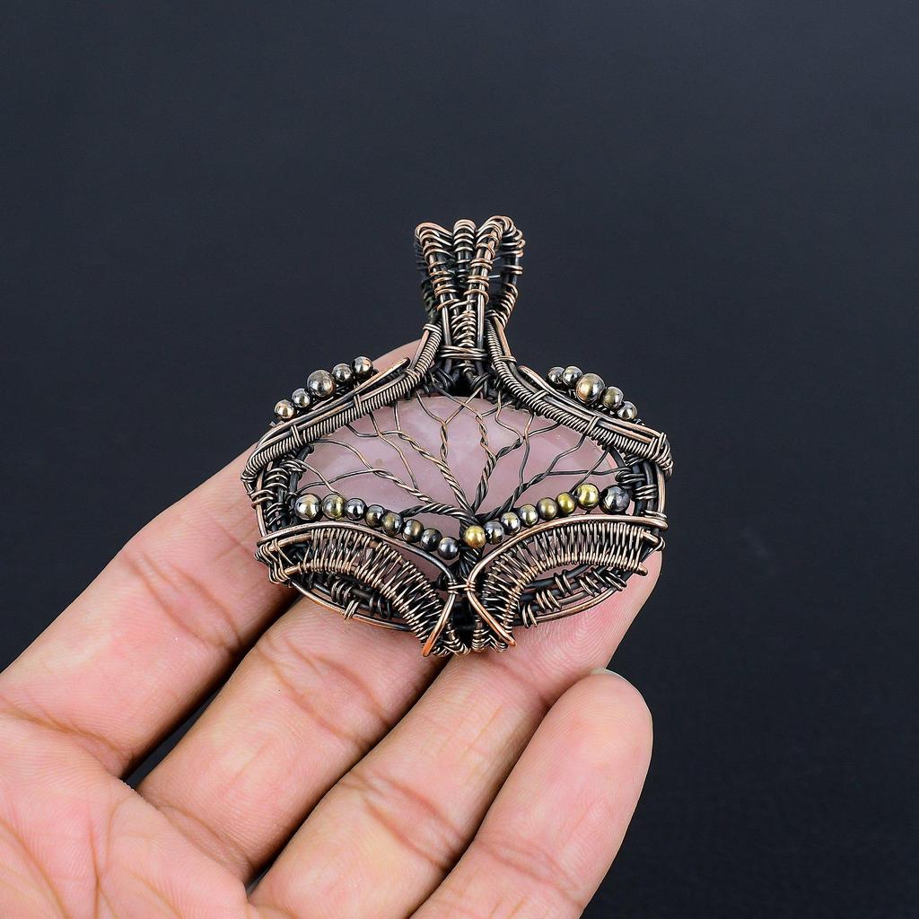 Rose Quartz Jewelry, 999 Copper Wire Wrapped Pendant Handmade Gemstone Jewelry, Gifts For Wife Brand New Pendant