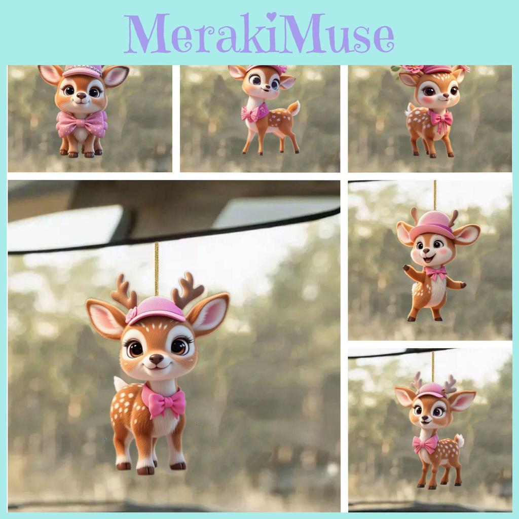 Cartoon With Deer Pink Hat Car Mirror Ornament Pendant For Kids Vehicle Decor