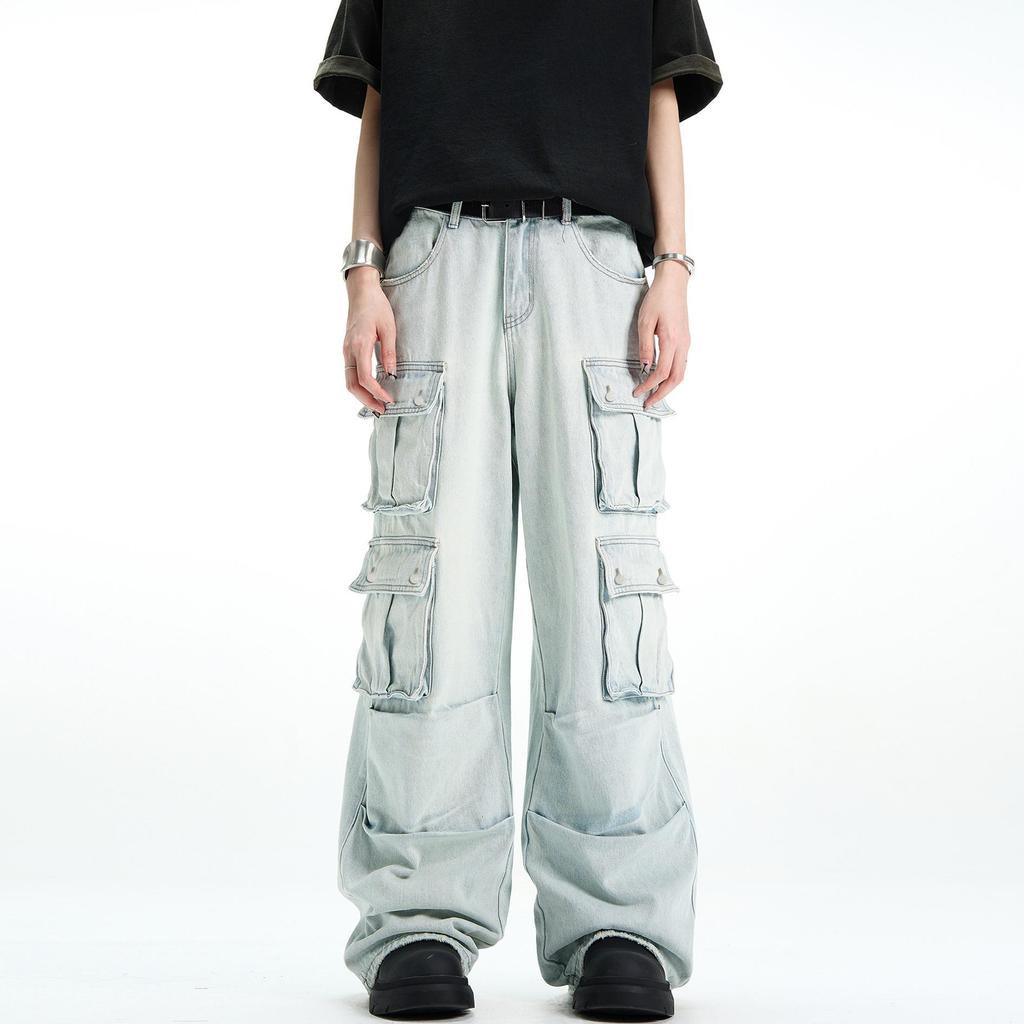 Unisex Light Wash Wide-Leg Workwear Jeans with Multi-Pocket Heavy-Duty Design