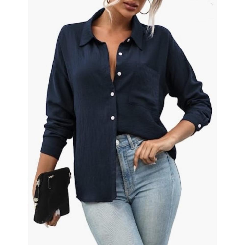 

GMXIA женские модные повседневные летние однотонные блузки и рубашки с длинными рукавами и воротником-поло с принтом XXL темно-синий