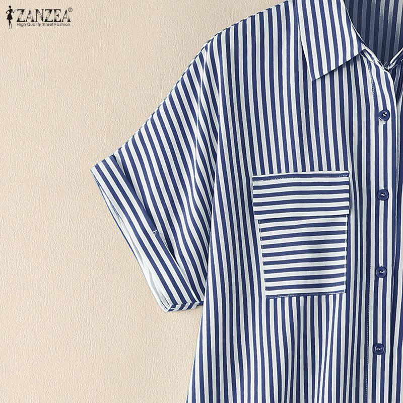 ZANZEA Women Short Sleeve Blouse and Shorts Summer Stripe Print Two Piece Suit Sets