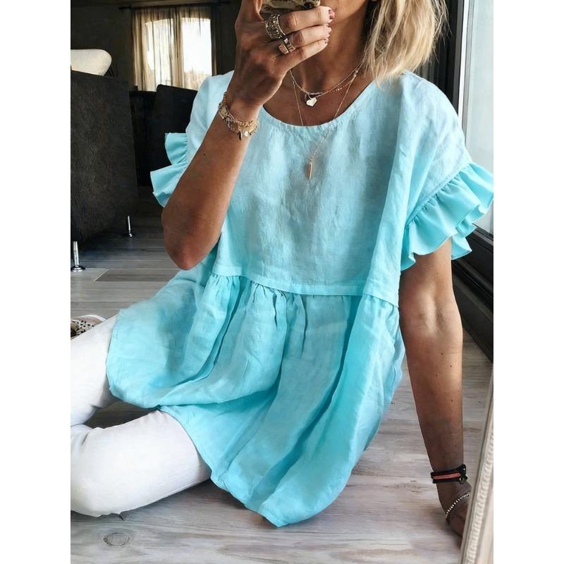 Womens Solid Color Round Neck Ruffle Short Sleeve High Waist Peplum Blouse
