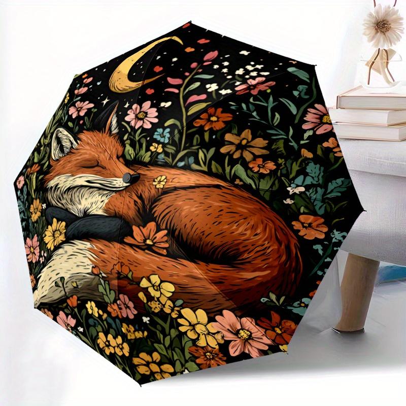 

1pc Automatic Open/Close Umbrella with Fox in Flowers Moon Night Design - Auto Umbrella with 8-Rib Sturdy Frame, Compact Trave (as the picture,Iron&8K)