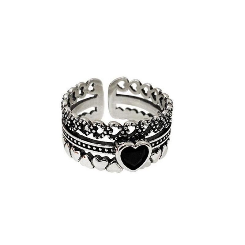Picche Danneggiate Cuore Nero a Forma di Cuore Anelli Apribili Retro Combinazione a Tre Strati Gioielli in Argento Sterling 925 Amore Dolce TYB032