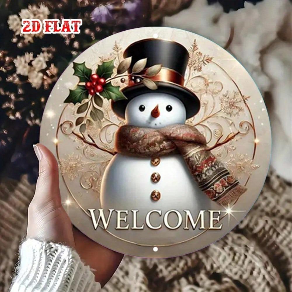 Vintage Snowman Metal Wall Art Round Rustic Christmas Decor Farmhouse Holiday Welcome Sign Winter Home Decor Aluminum Gift
