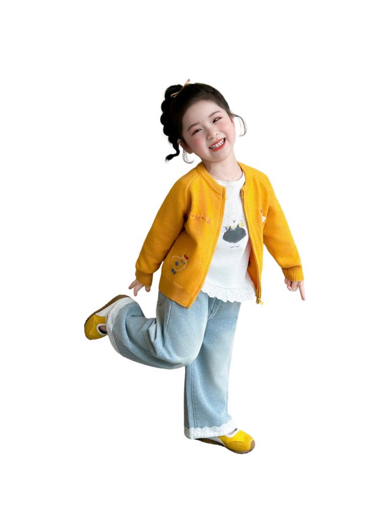 2026 Spring Korean Style Little Girls' Chicken Knit Cardigan - Stylish Cartoon Sweater