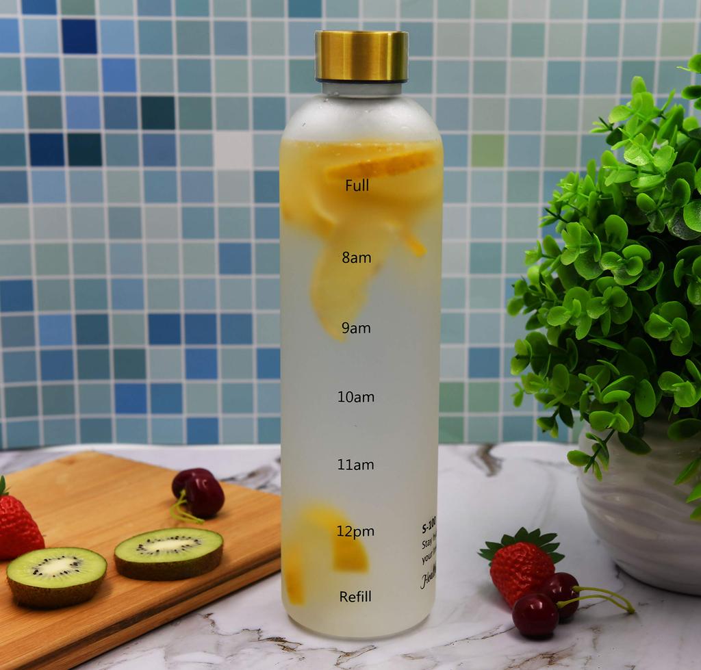 Healthywish Water Bottle with Time Marker, 1 Liter, 1000ml, Slim and Stylish, Clear Water Bottle (White)